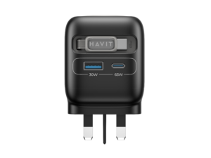 HAVIT UC252 65W Fast Charger – USB-C & USB-A GaN Charger with Built-in Cable